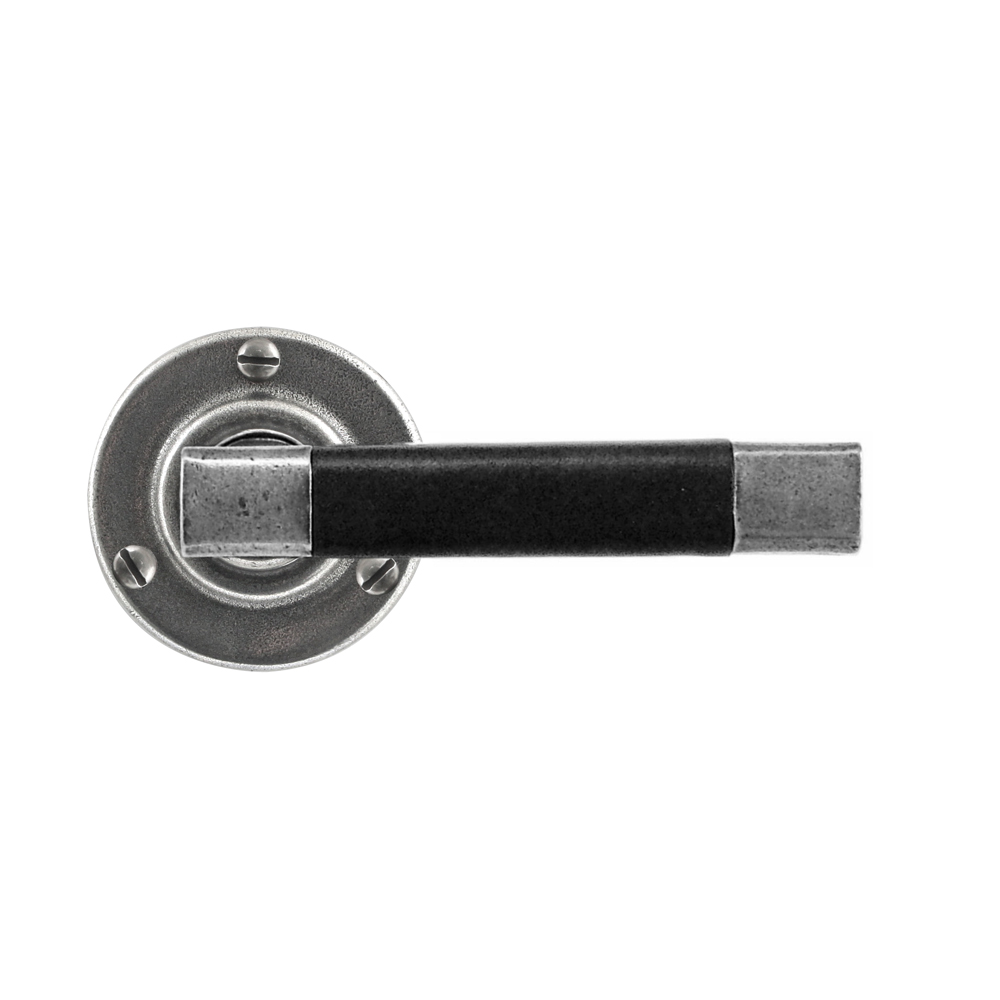 Jedburgh Internal Door Handle on Round Rose - Pewter & Black Leather