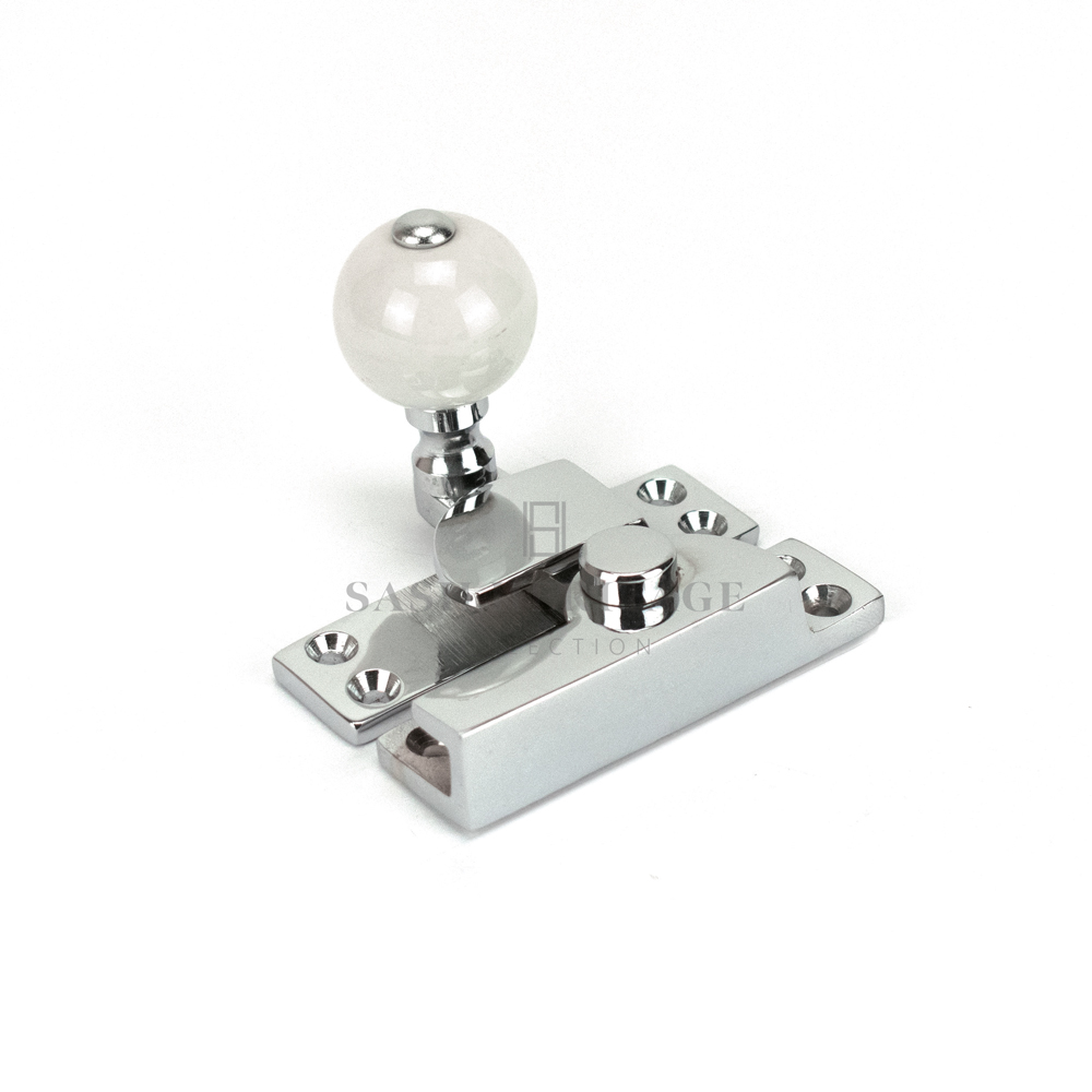 Sash Heritage Straight Arm Fastener with White Ceramic Knob (Standard) - Polished Chrome